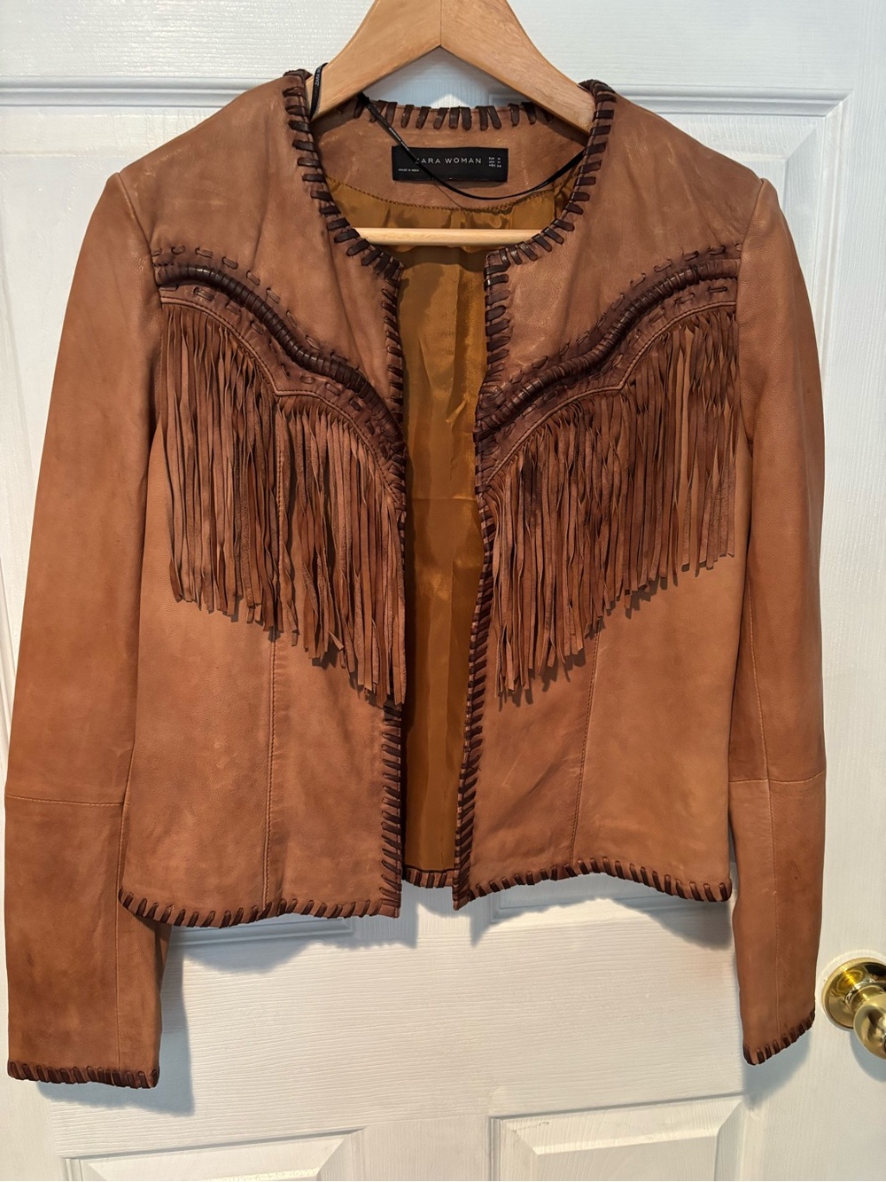 Zara Tan Leather Fringe Jacket